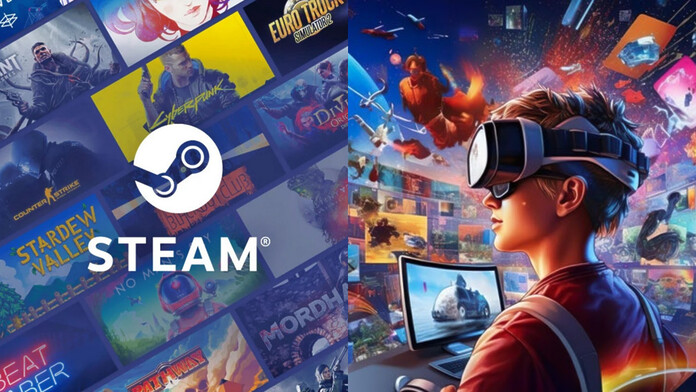 Logotipo de Valve junto a la interfaz de Steam y una representación de clones generados con inteligencia artificial