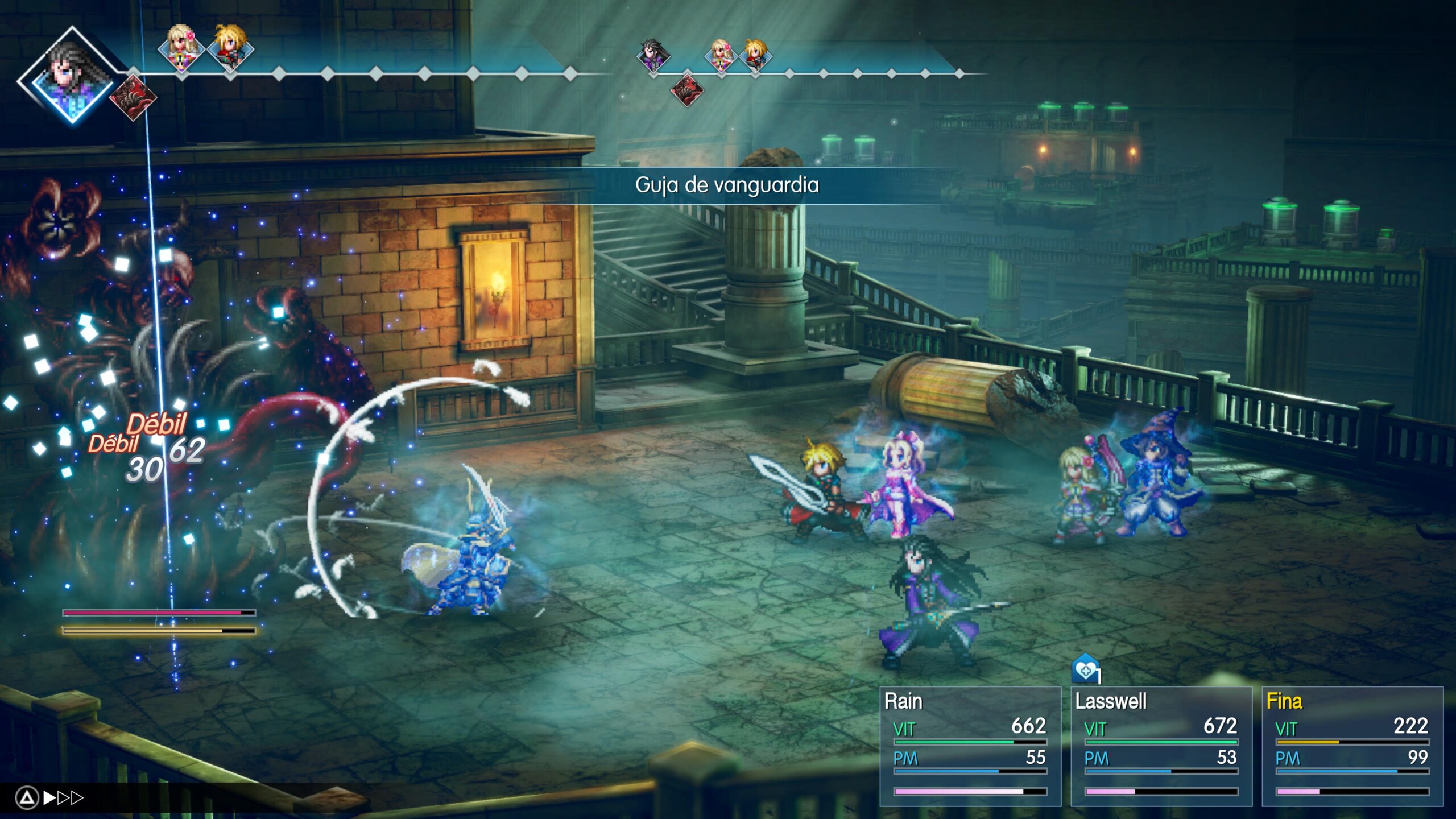 El grupo se enfrenta a enemigos en un combate por turnos de Final Fantasy Resonance