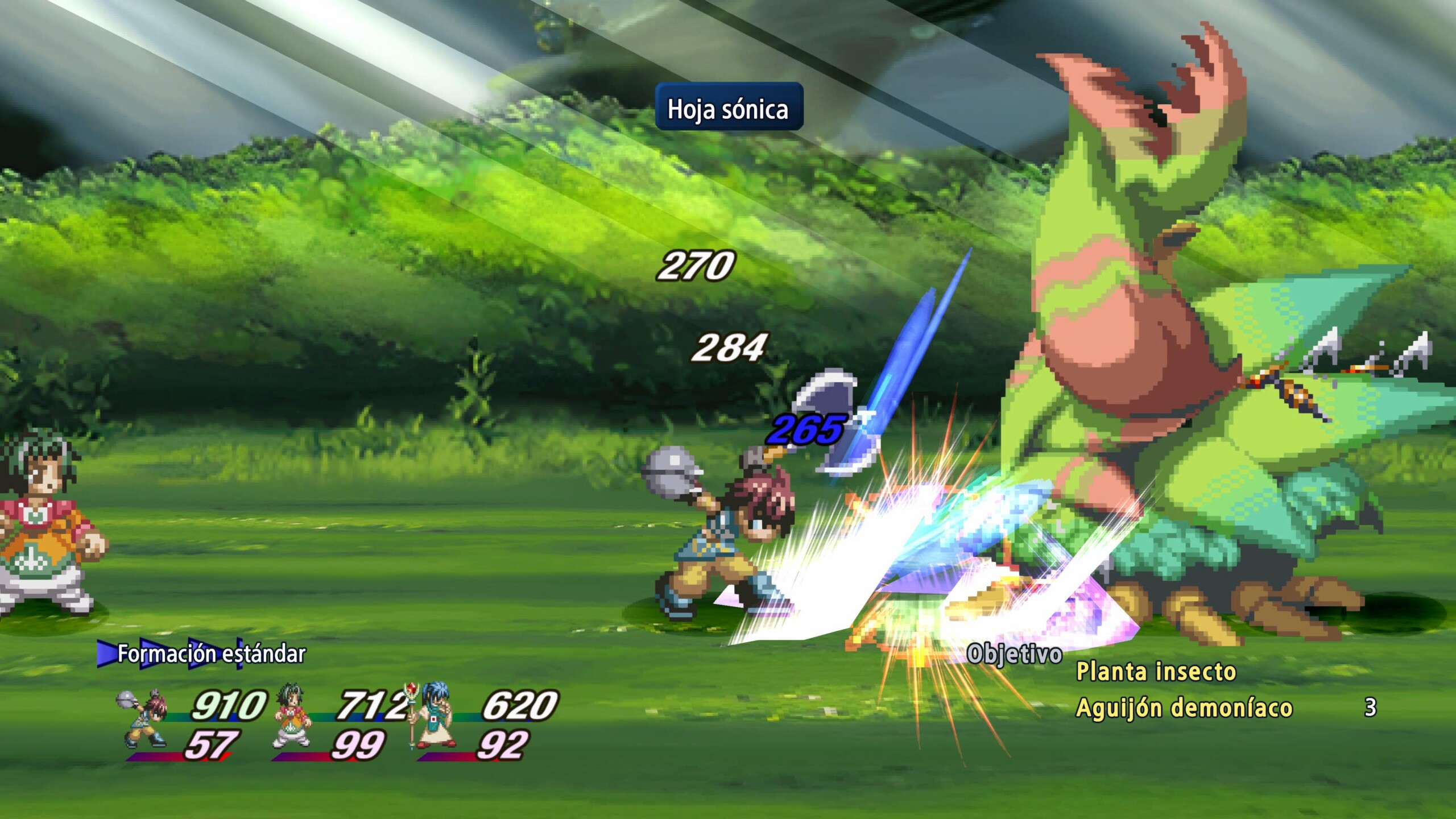 El grupo se enfrenta a enemigos en el sistema de combate 2D de Tales of Eternia Remastered